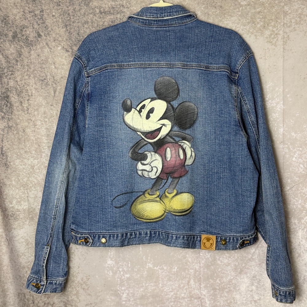 Disney Store Mickey Mouse Denim Jacket Women's XL Rhinestone Painted Back Y2K